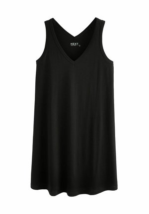 Robe noire sans manches avec un décolleté en V, fabriquée en tissu doux, présentée sur un fond blanc uni.