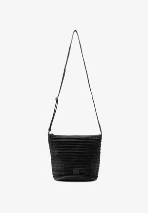 Black textured handbag with a pleated design, slim shoulder strap, smooth leather base, and a zip closure. Features a brand logo on the front.