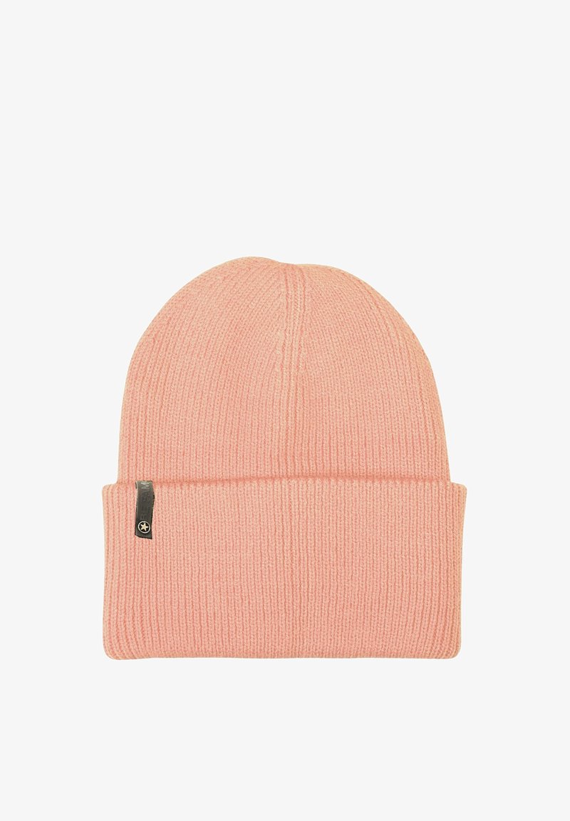 Light pink knitted beanie with a folded cuff, featuring vertical ribbed texture and a small black logo tag on the side.