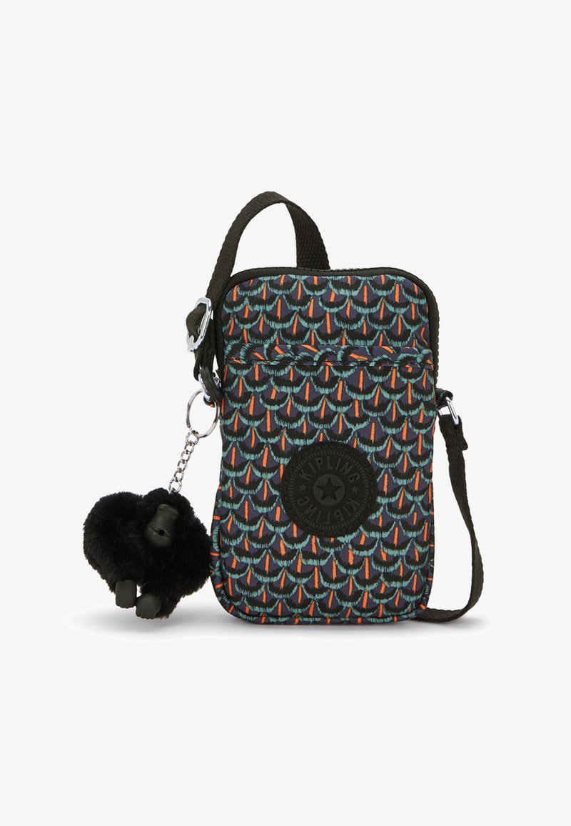 Compact crossbody bag in patterned fabric featuring teal, orange, and black scales, with a keychain gorilla charm and adjustable strap.