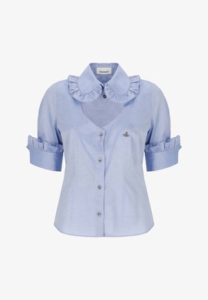 Blusa azzurro chiaro a maniche corte con colletto e polsini a volant in stile Peter Pan, chiusura con bottoni sul davanti e piccolo logo ricamato sul petto a sinistra.