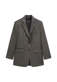 Gray blazer with a notch lapel, two front pockets, single button closure, and a textured, woven fabric. Fits loosely with full-length sleeves.