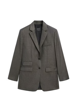 Blazer gris avec un revers cranté, deux poches avant, fermeture à un bouton et un tissu texturé en toile. Coupe ample avec des manches longues.
