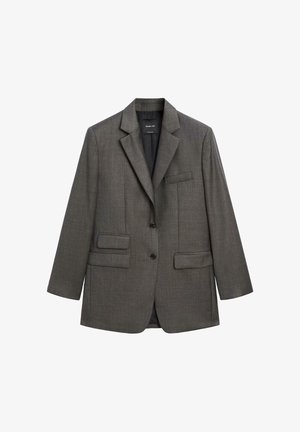 Gray blazer with a notch lapel, two front pockets, single button closure, and a textured, woven fabric. Fits loosely with full-length sleeves.