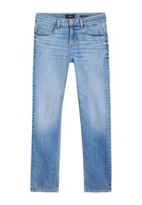 Jasnoniebieskie jeansy z denimu o prostym kroju, z pięcioma kieszeniami, zapięciem na guziki oraz efektami przetarć w okolicy nogawek.