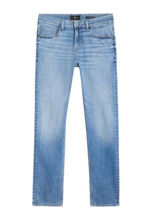 Lichtblauwe denim jeans met een rechte pasvorm, voorzien van vijf zakken, een knoopsluiting en vervaagde details bij de zoom.