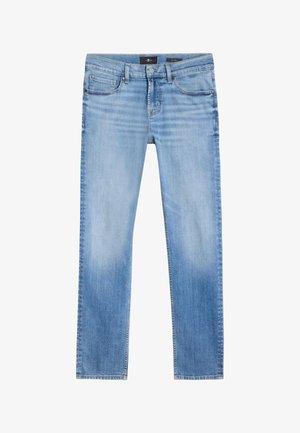 Lichtblauwe denim jeans met een rechte pasvorm, voorzien van vijf zakken, een knoopsluiting en vervaagde details bij de zoom.