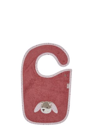 Rotes Frottee-Lätzchen mit rundem Ausschnitt, verziert mit einem floral-musternden Stoff, der auf der Vorderseite ein gesticktes Hundekopfdesign zeigt.