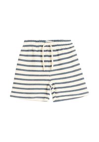 Cremefarvede shorts med vandrette marineblå striber og en elastisk talje med en cremefarvet snor.