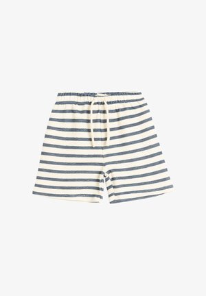 Shorts crème avec des rayures horizontales bleu marine et une taille élastique dotée d'un cordon de serrage crème.
