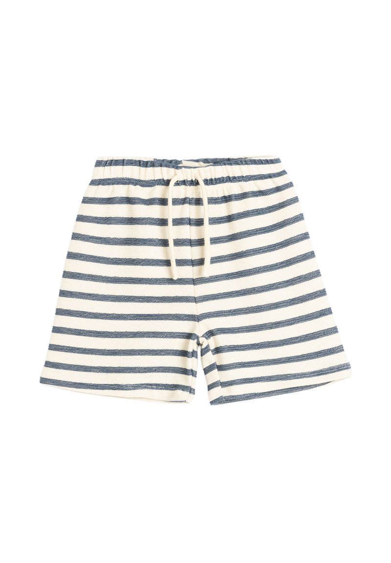 Shorts crème avec des rayures horizontales bleu marine et une taille élastique dotée d'un cordon de serrage crème.