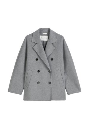 Double-breasted grey wool coat with a notched lapel, two front pockets, and black buttons. Soft texture, straight cut, medium length.