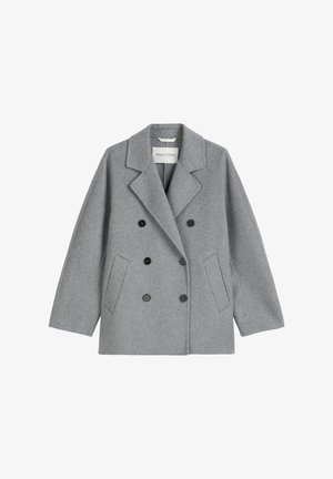 Double-breasted grey wool coat with a notched lapel, two front pockets, and black buttons. Soft texture, straight cut, medium length.
