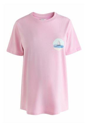 Light pink short-sleeve T-shirt with a small circular sailboat and ocean graphic on the left chest.