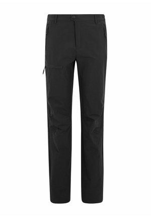 Schwarze Hose mit geradem Bein, Knopf- und Reißverschluss, zwei seitlichen Reißverschlusstaschen und einer Reißverschlusstasche am Oberschenkel.