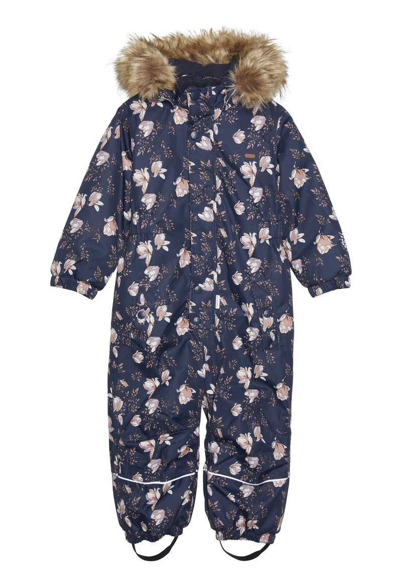 Navy blue snowsuit with a floral pattern in light pink and cream. Features a faux fur trim on the hood and elasticized cuffs and ankles.