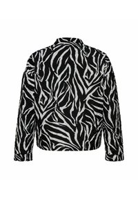 Juoda ir balta pūkuota striukė su zebrų juostelių raštu, su apykakle ir ilgomis rankovėmis, matoma iš nugaros.