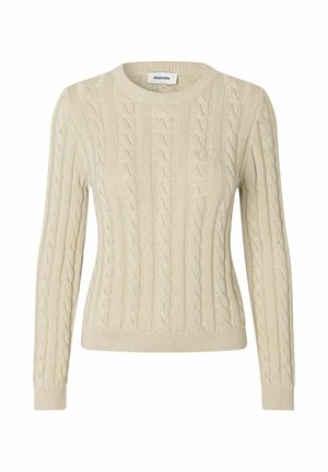 Maglione in lana lavorata a trecce color crema con maniche lunghe e bordi a costine su polsini, orlo e scollatura, con un ricamo sottile sul petto.