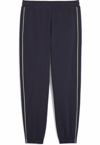 Pantaloni tuta navy con vita regolabile, gamba affusolata e piping crema ai lati. Realizzati in tessuto morbido e testurizzato. Polsini elasticizzati.