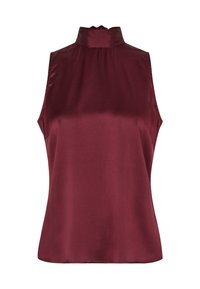 Satin top brez rokavov in visokim ovratnikom v globoki burgundski barvi z gladko teksturo in nekoliko prilegnjeno silhueto.