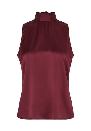 Kätisteeta, kõrge kraega satiintop sügavas burgundis, millel on sile tekstuur ja veidi loodud siluett.