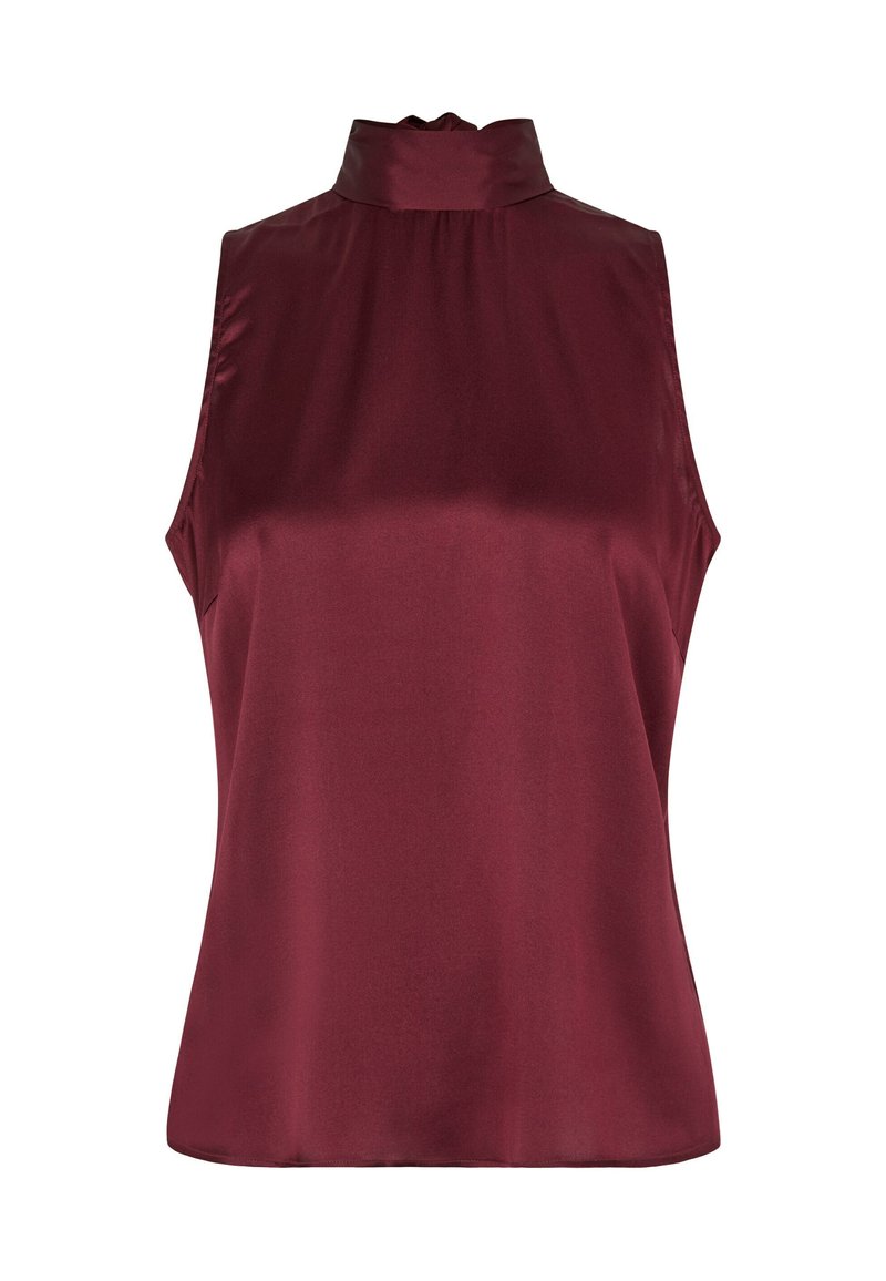 Satin top brez rokavov in visokim ovratnikom v globoki burgundski barvi z gladko teksturo in nekoliko prilegnjeno silhueto.