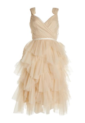 Beige tulle dress with layered ruffle design, V-neckline, wide straps, and a fitted waistband. Soft, sheer texture with light draping.