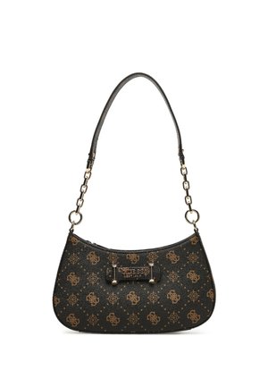 Borsa a spalla Guess nera e marrone con catene dorate, motivo con logo distintivo e targhetta metallica con logo Guess sul davanti.