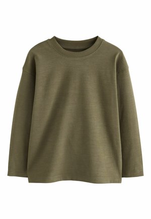 Långärmad, olivgrön crewneck-tröja med avslappnad passform och ribbad halsringning mot vit bakgrund.