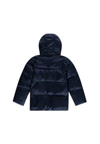 Veste rembourrée bleu marine avec capuche, présentant un design matelassé, une texture lisse et des poignets élastiques. Pas de logos visibles ni de détails supplémentaires.