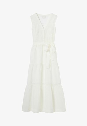 Abito midi bianco senza maniche con scollo a V, apertura frontale con bottoni, corpino plissettato, gonna a balze e fiocco a cintura sul lato destro.
