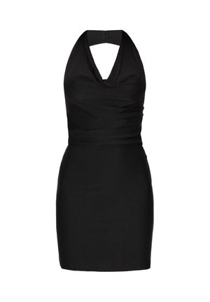 Mustmustaga halterneck kleit, millel on ilus kumer dekoltee, keha lähedane siluett ja sujuv kangas, mis ulatub keskmise reieni.