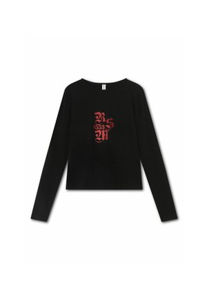 Black long-sleeve shirt featuring red graphic text in a stylized font at center. Made of soft fabric with a crew neckline.