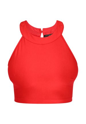 Czerwony bezrękawnik typu crop top z wysokim, okrągłym dekoltem i zapięciem na guziki z tyłu, wykonany z gładkiej tkaniny.