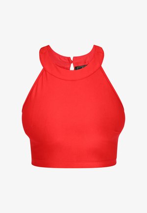 Czerwony bezrękawnik typu crop top z wysokim, okrągłym dekoltem i zapięciem na guziki z tyłu, wykonany z gładkiej tkaniny.