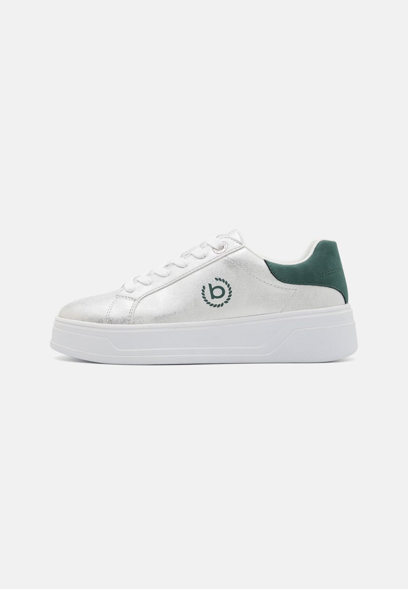 White leather sneakers with a silver metallic finish, green suede heel accent, round toe, and white rubber sole. Features logo on side.