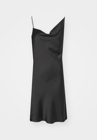 Black satin slip dress with a draped neckline, thin adjustable straps, and a smooth texture. Flows gently with an A-line silhouette.