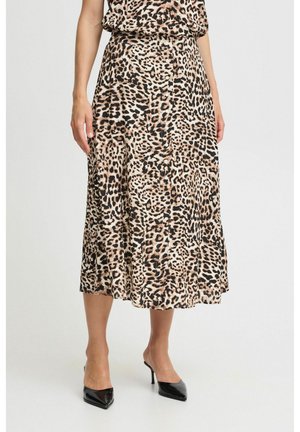 Leopardenmuster-Midi-Rock aus weichem Stoff, mit ausgestellt Design und elastischem Bund. Getragen mit schwarzen spitzen Absätzen.