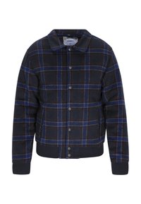 Kariertes Jacket in Dunkelblau mit blauen und roten Akzenten. Hergestellt aus weichem Stoff mit Knopfverschluss, Kragen und gerippten Bündchen.