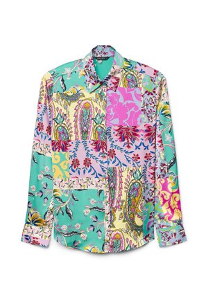 Long-sleeve shirt featuring a patchwork design with various floral and paisley patterns in bright colors, including turquoise, pink, and yellow.