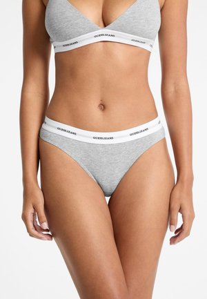 Gray cotton underwear set featuring a triangle bralette and hipster briefs, both with a white elastic waistband displaying "GUESS JEANS."
