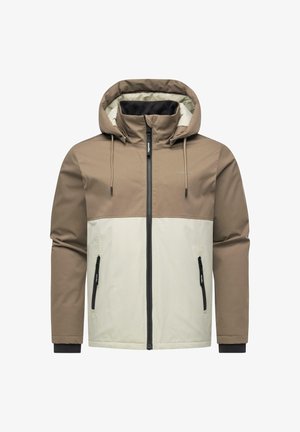 Two-tone beige and light cream hooded jacket with front zipper, zippered side pockets, drawstrings, and black inner cuffs.