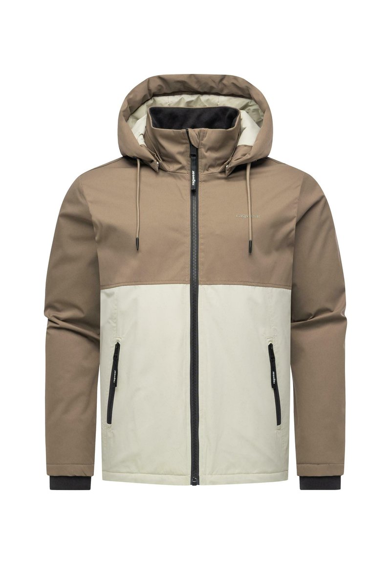 Giacca con cappuccio beige e crema chiaro a due toni, con zip frontale, tasche laterali con zip, cordini e polsini neri.