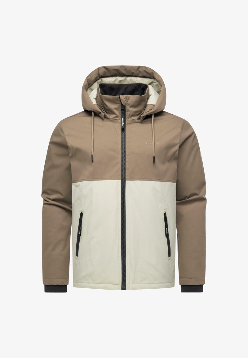 Tofarget beige og lys kremfarget hettegenser med frontglidelås, glidelåslommer på sidene, snøring og svarte indre ermer.