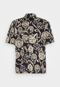 Schwarz kurzärmliges Hemd mit cremefarbenem Artischocken-Blumenmuster, mit Button-Down-Kragen und aus weichem, leichtem Stoff.