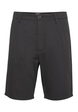 Black shorts made of a smooth fabric, featuring a single front button, belt loops, and a classic cut with clean hems.