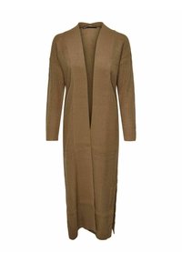 Long cardigan en tricot beige-brun. Présente un décolleté ouvert, des manches longues et une texture côtelée. Les fentes latérales améliorent la flexibilité et l'ajustement.