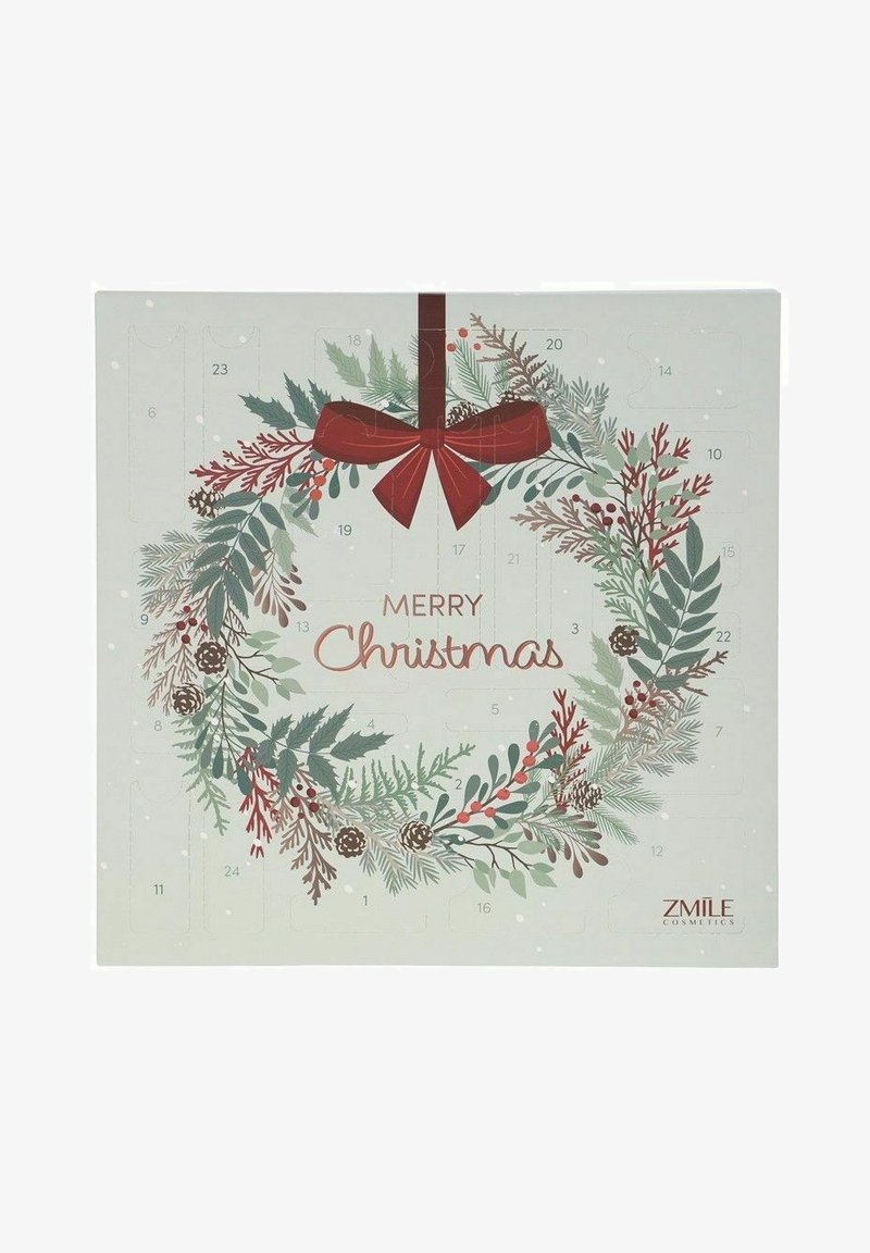 Adventtikalentteri, jossa on seppeleen muotoinen koriste, vihreitä ja punaisia lehtiä, männynkäpyjä ja punainen rusetti. Tekstinä lukee "Hyvää joulua."