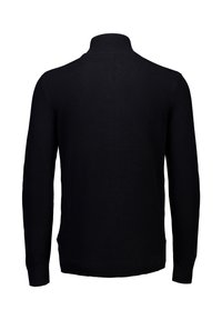 Maglione nero a maglia con colletto alto, polsini e orlo a coste, e un motivo testurizzato. Nessun marchio o decorazioni visibili.
