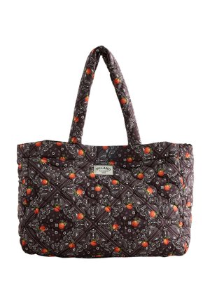 Pihegelt táska fekete paisley mintával és apró narancssárga gyümölcsdíszítéssel, két párnázott fogóval és elöl "Milano" felirattal.